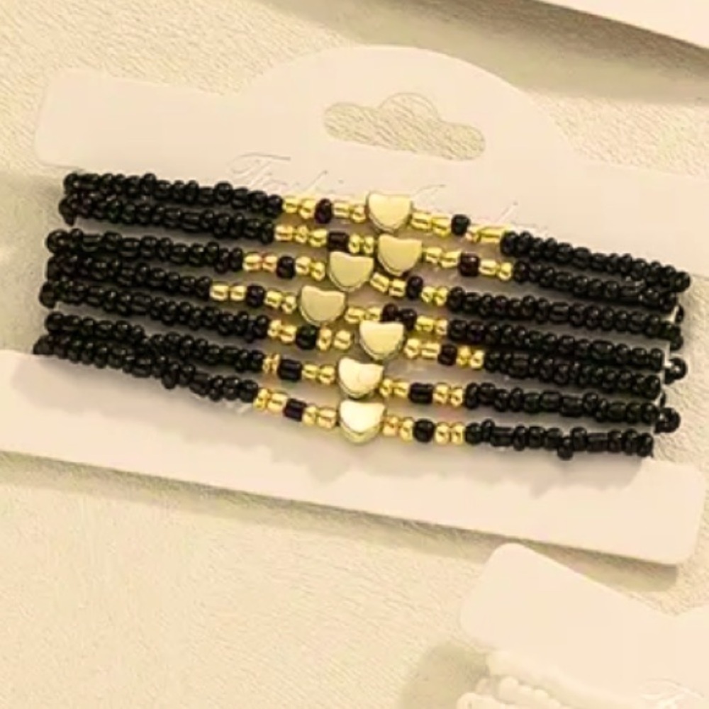 Boho Chic 7 Piece Black and Gold Beaded Bracelets with Gold Heart